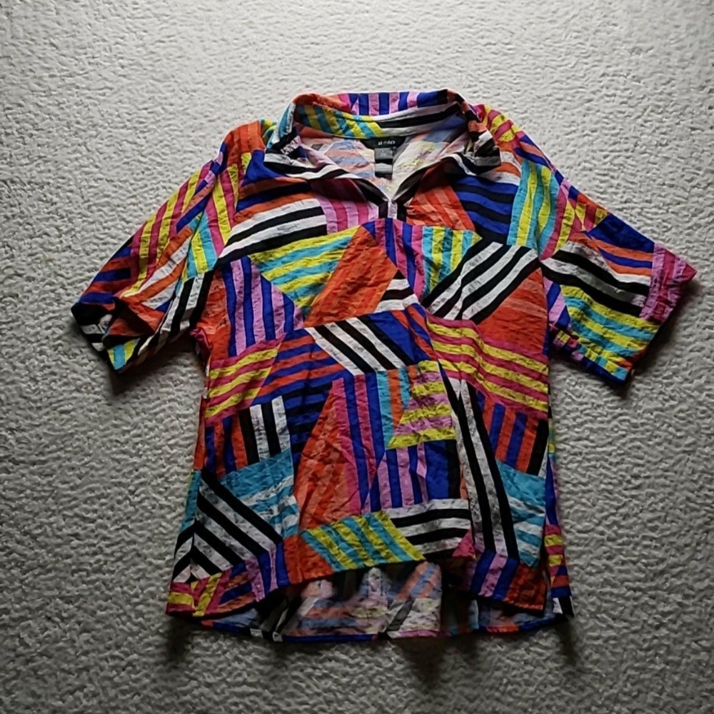 Ali Miles Blouse‎ Womens Large Multicolor Collared Short Sleeve Stripe Tunic Top